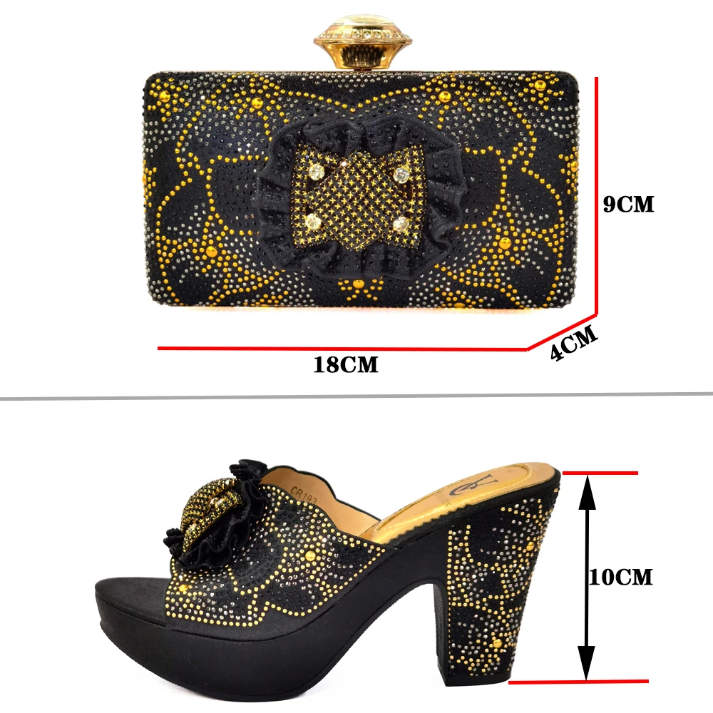 

Slipper Summer Arrival Nigerian Fashion Italian Design Party Ladies Shoes and Bag Set Decorated With Rhinestone in Black Color