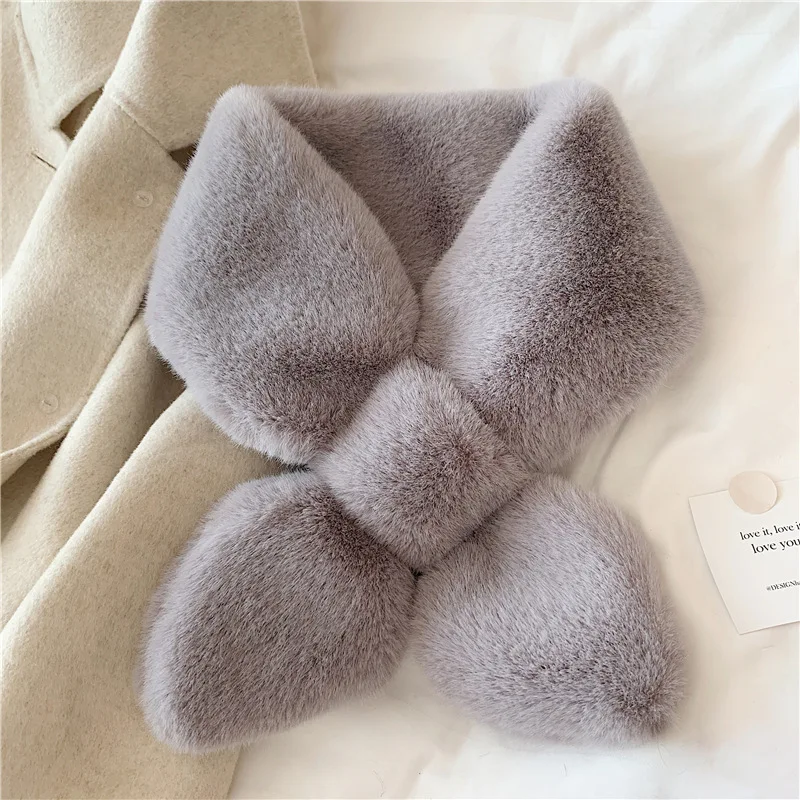 

2020 autumn and winter new solid color furry bib warmth imitation rex rabbit fur cross scarf plush fur collar women