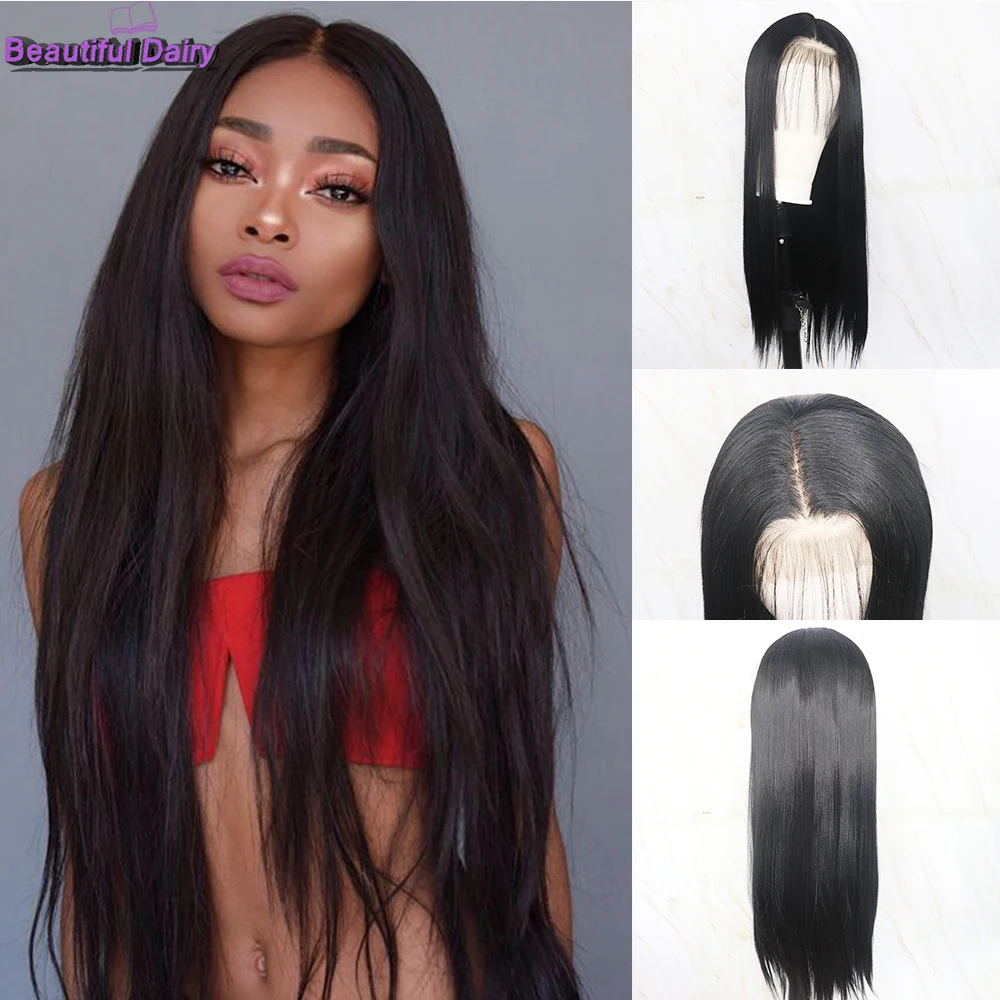 Beautiful Diary 13x4 Straight Natural Black Synthetic Wigs Gluesless Synthetic Lace Front Wigs for Women Natural Hairline