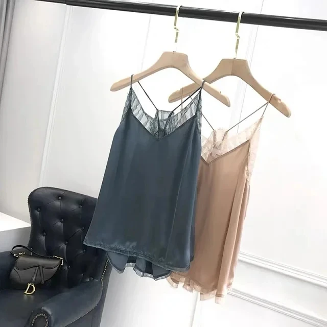

2020 spring summer Women camisole 100% Silk lady V-neck lace sexy Trim Camis Vest Female Tank Top
