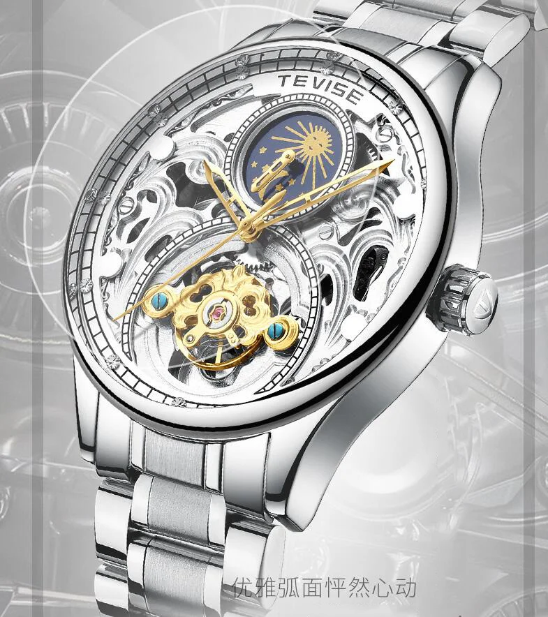 TEVISE часы Moon phase полые tourbillon автоматические механические наручные часы из нержавеющей стали мужские часы браслет часы