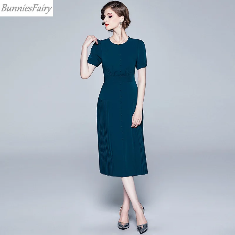 BunniesFairy летнее женское элегантное платье Индиго синего цвета с коротким рукавом, однотонное шифоновое платье средней длины, офисная одежда для женщин