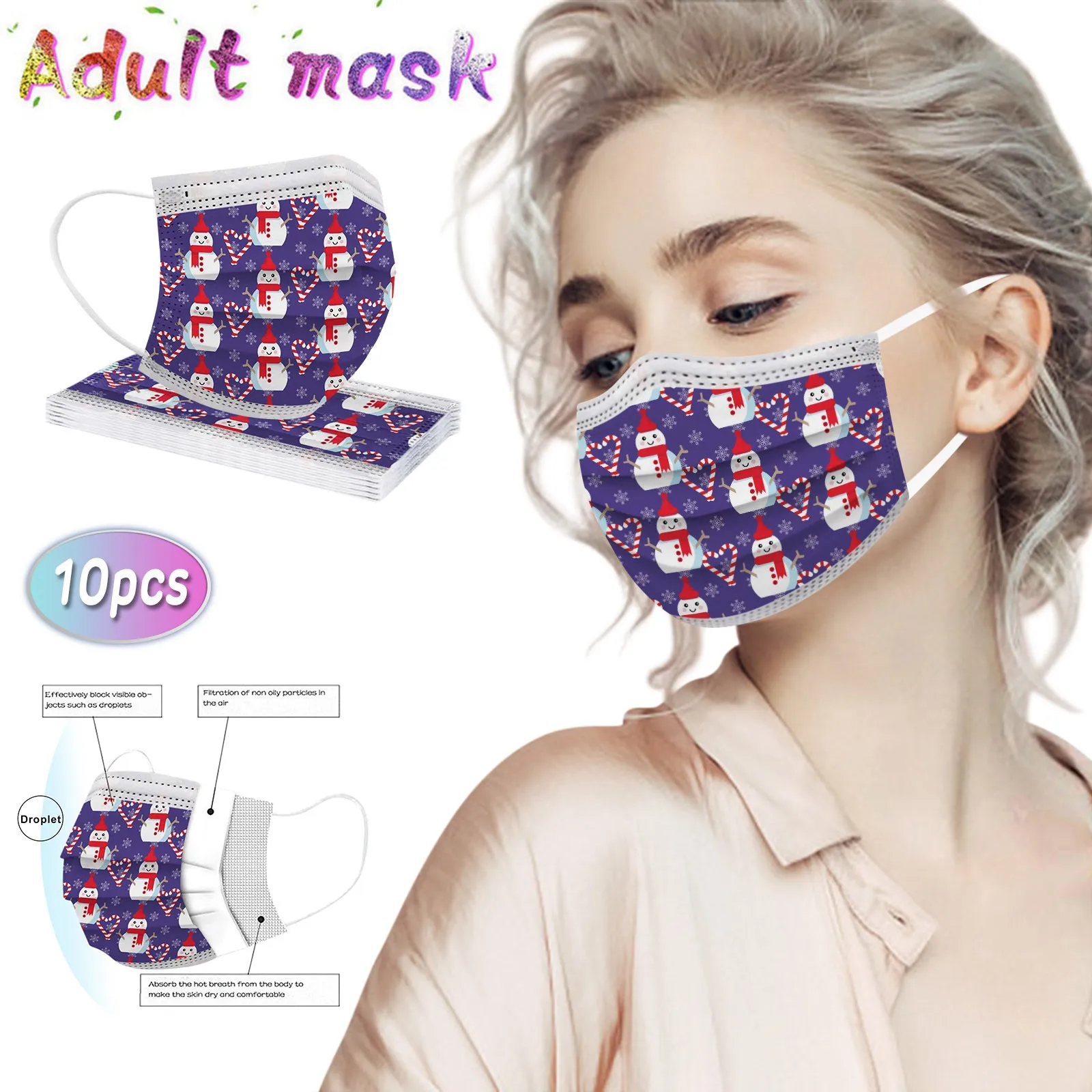 

10PC Adult's Disposable Face Mask Industrial 3-Layer Masks Unisex Dustproof Filter Pm2.5 Mask Earloop Bandage Masque Facemask