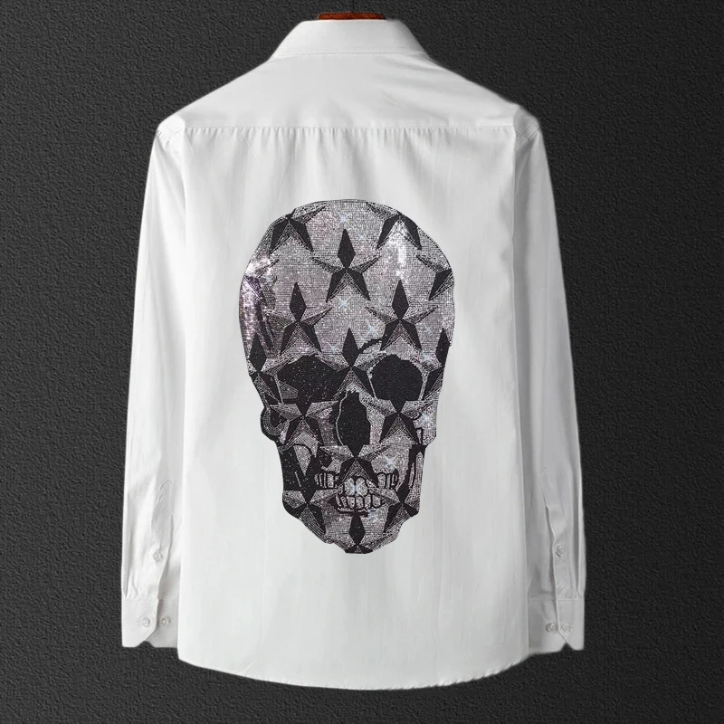 Shirts For Men 2021 Style Autumn Button Design Tops Business Long-Sleeved Rhinestone Skull Brand White Clothes M To 4XL