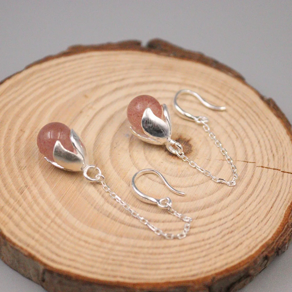 Серьги-подвески из настоящего серебра с бусинами розового кварца длиной 62 мм -