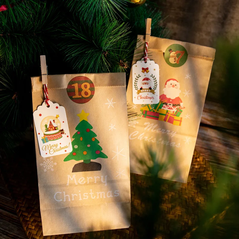 JOYBOS Navidad llegada 24-pieza bolsa de regalo para caramelos bolsa Kraft bolsa embalaje de papel calcoman&iacute;a Merry Christmas con Clip bolsa de regalo de chocolates-4