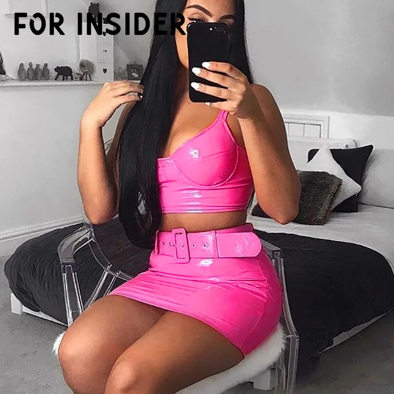 Облегающее мини платье из искусственной кожи розового цвета для женщин комплект