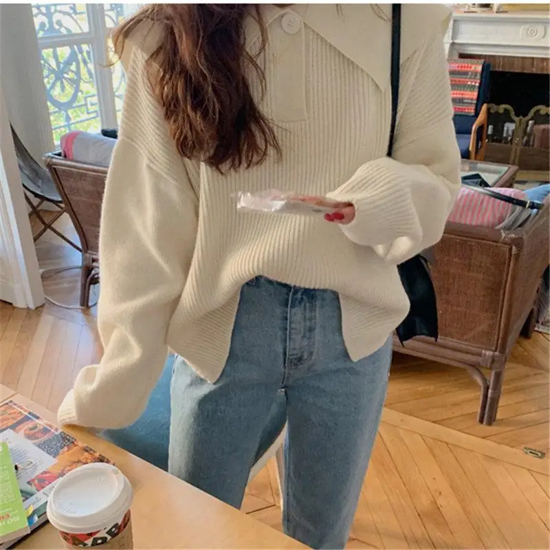 

Minimalism Vintage Collar 2020 Fashion Sweet Women Brief Warm Loose Casual Knitted All Match Sweaters