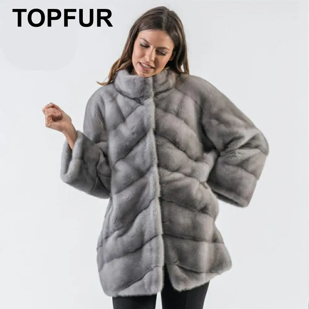 Женская шуба из натурального меха норки с длинным рукавом и воротником