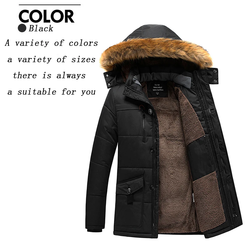 Men's L-8XL Large Size Zip Jacket Winter Warm Jacket Jacket Plus Velvet Thickened Long Windproof Hooded Jacket Warm Quilted Coat