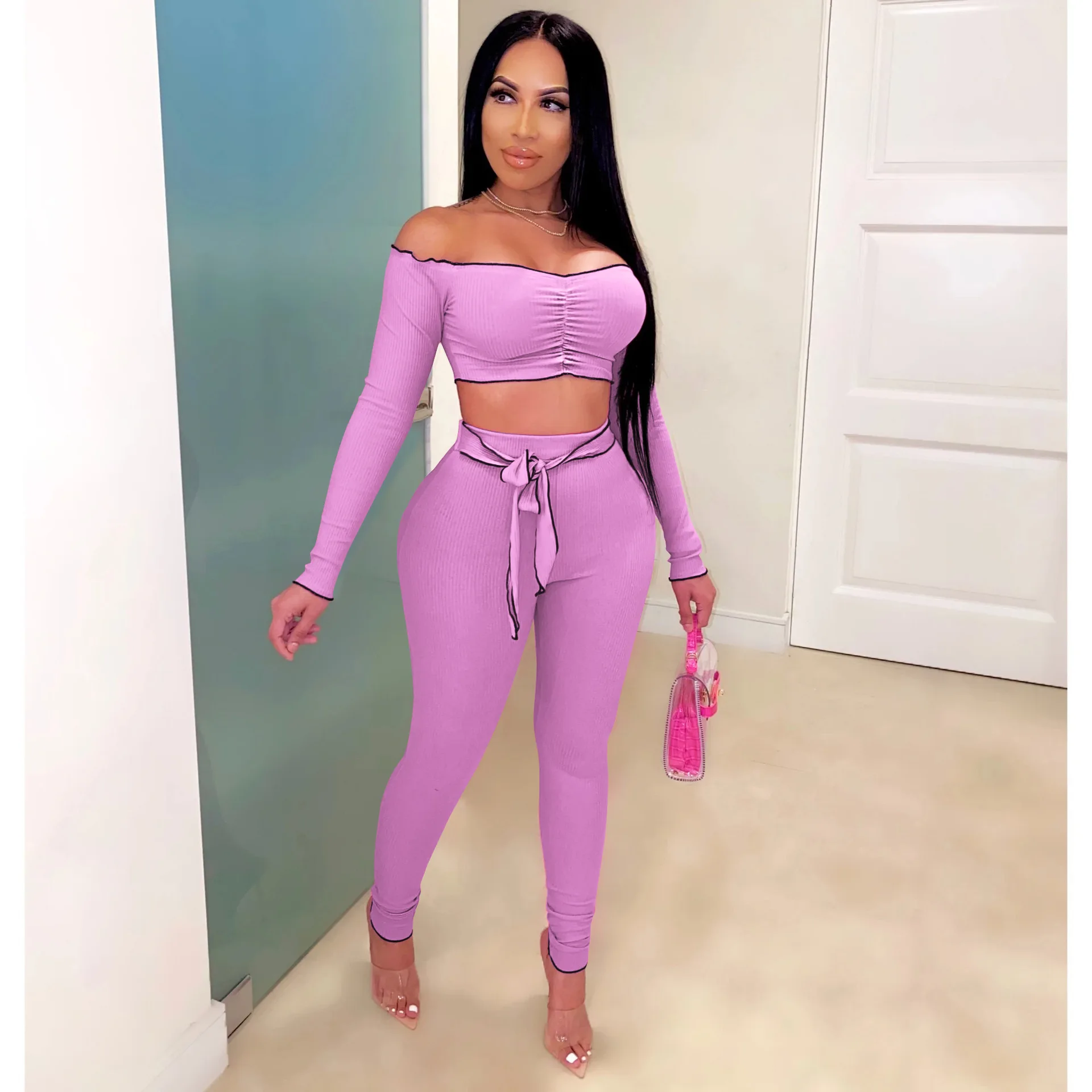 

Hot sale plus size ladies autumn fashion women's pin stripe one-shoulder long sleeve cropped blouse fashion suit