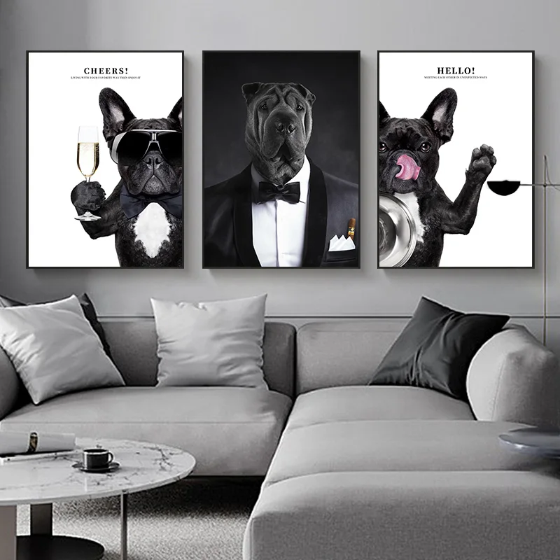 

Nordic Funny Animal Canvas Painting Black Dog Wear Sunglasses Clothes Poster Print Black White Wall Art Pictures for Living Room