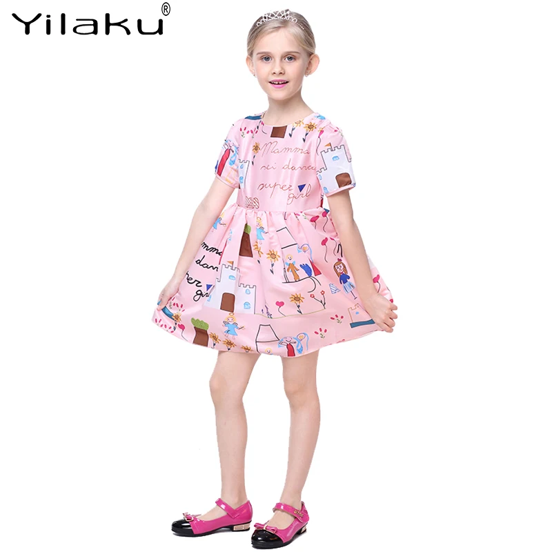 Летняя одежда для девочек Yilaku платья с коротким рукавом мультяшное платье