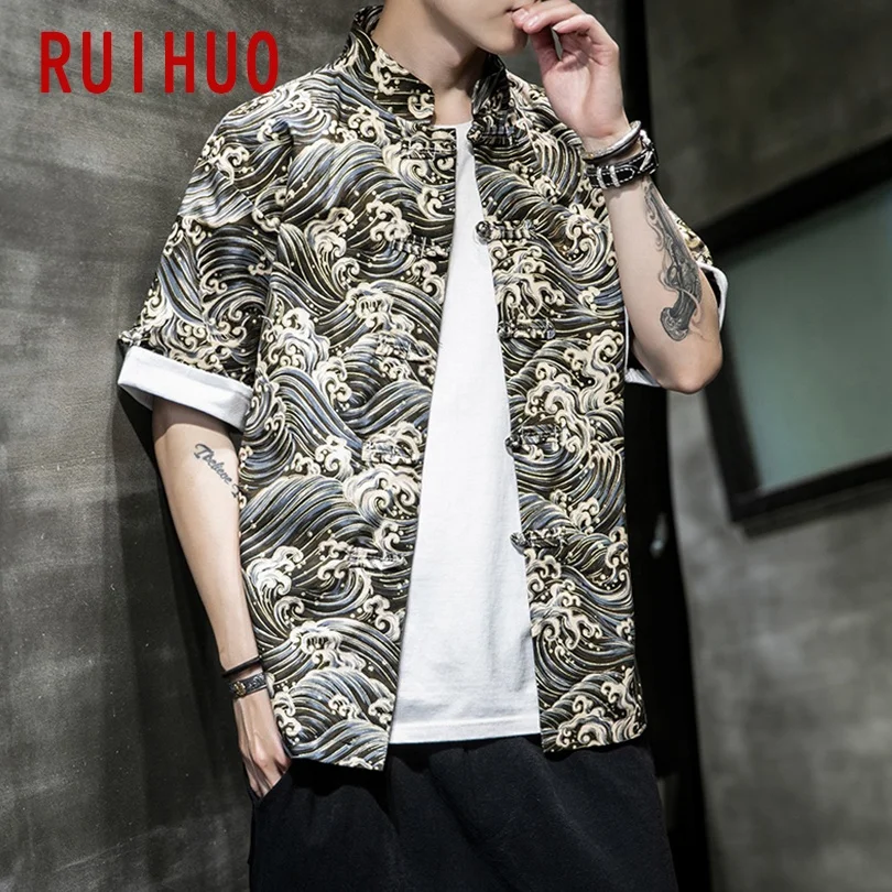 

RUIHUO Waves Print Casual Shirts For Men Clothing Collared Shirt Men Korean Clothes Mens Shirts M-5XL 2021 New Arrival