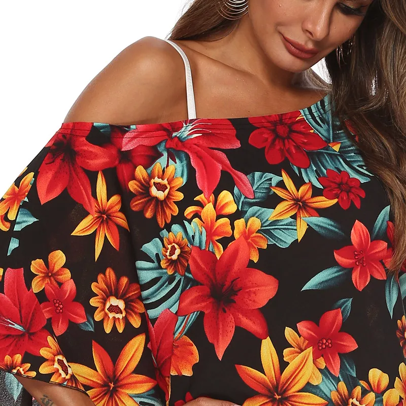 

Beach Bohemain Sexy Plus Size Off Shoulder Midi Dress Women Floral Print Bathing Bikini Cover Up Swimwear Beachwear Kaftan Robe