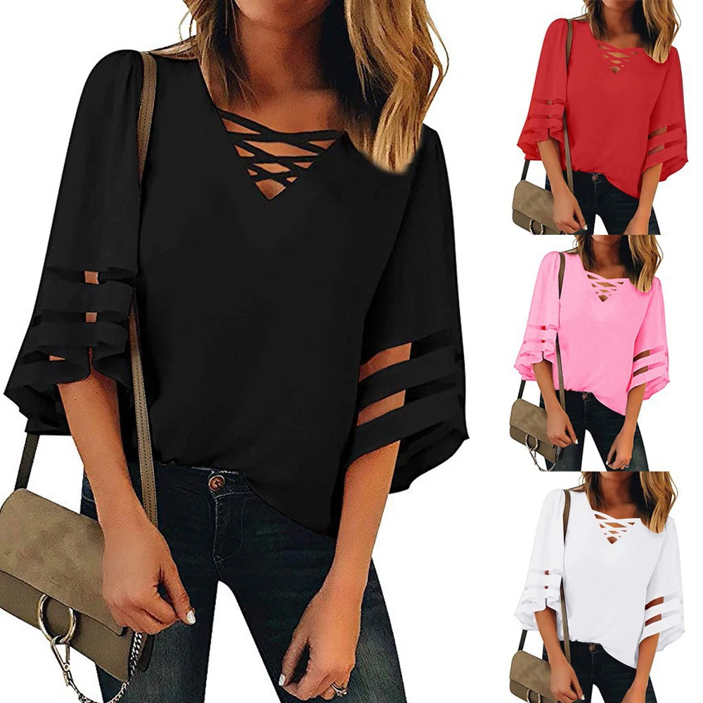 

Блузка женская с V-образным вырезом, модная повседневная свободная Однотонная рубашка из сетчатой пряжи, с перекрестными завязками и раскле...