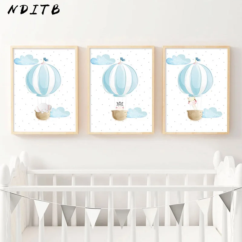 Синий воздушный шар животные Холст Детская фотография стена искусство печать