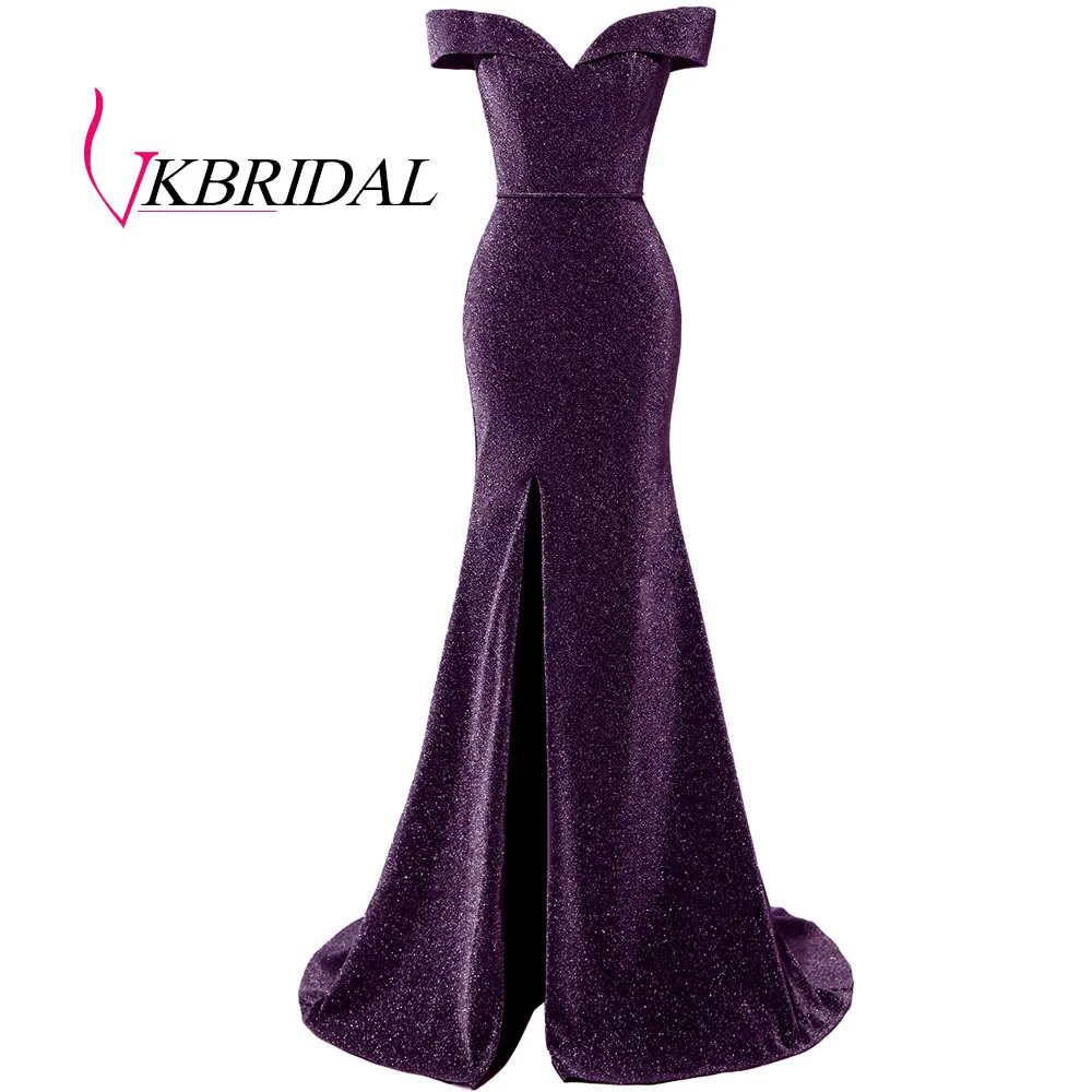 grape VKBRIDAL серое вечернее платье с открытыми плечами сексуальное блестящее платье с разрезом для выпускного вечера - Цвет: grape