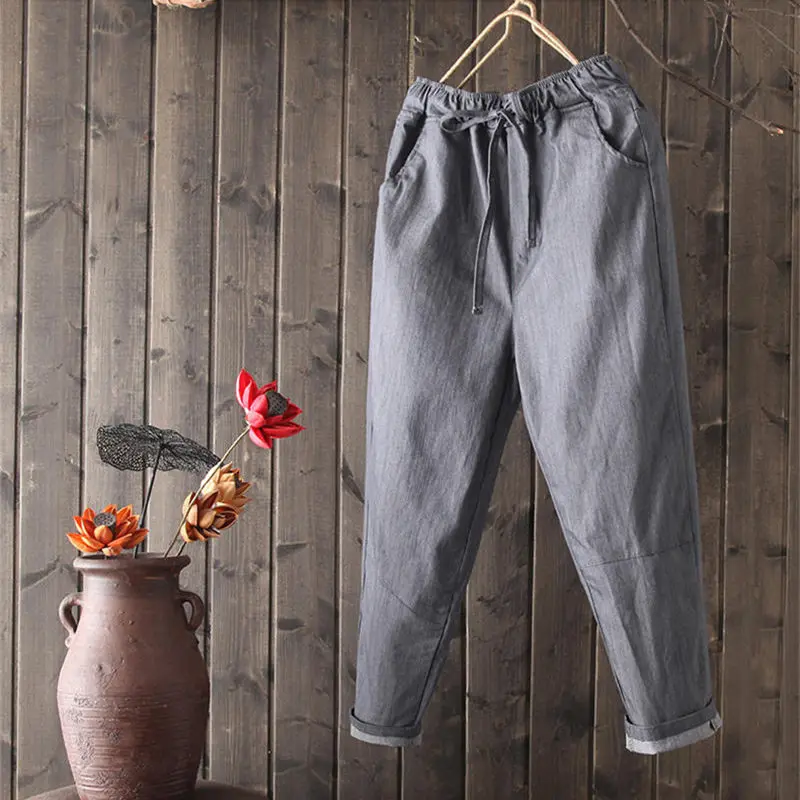 

Harajuku Cotton Linen Women Casual Pants Elastic Waist Straight Harem Pants Pantalon Femme Loose White Pants Women Solid Q2669