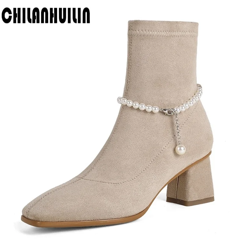

new retro thick high heeled female faux suede leather ankle boots pointed toe zipper women short boots gothic beading women shoe