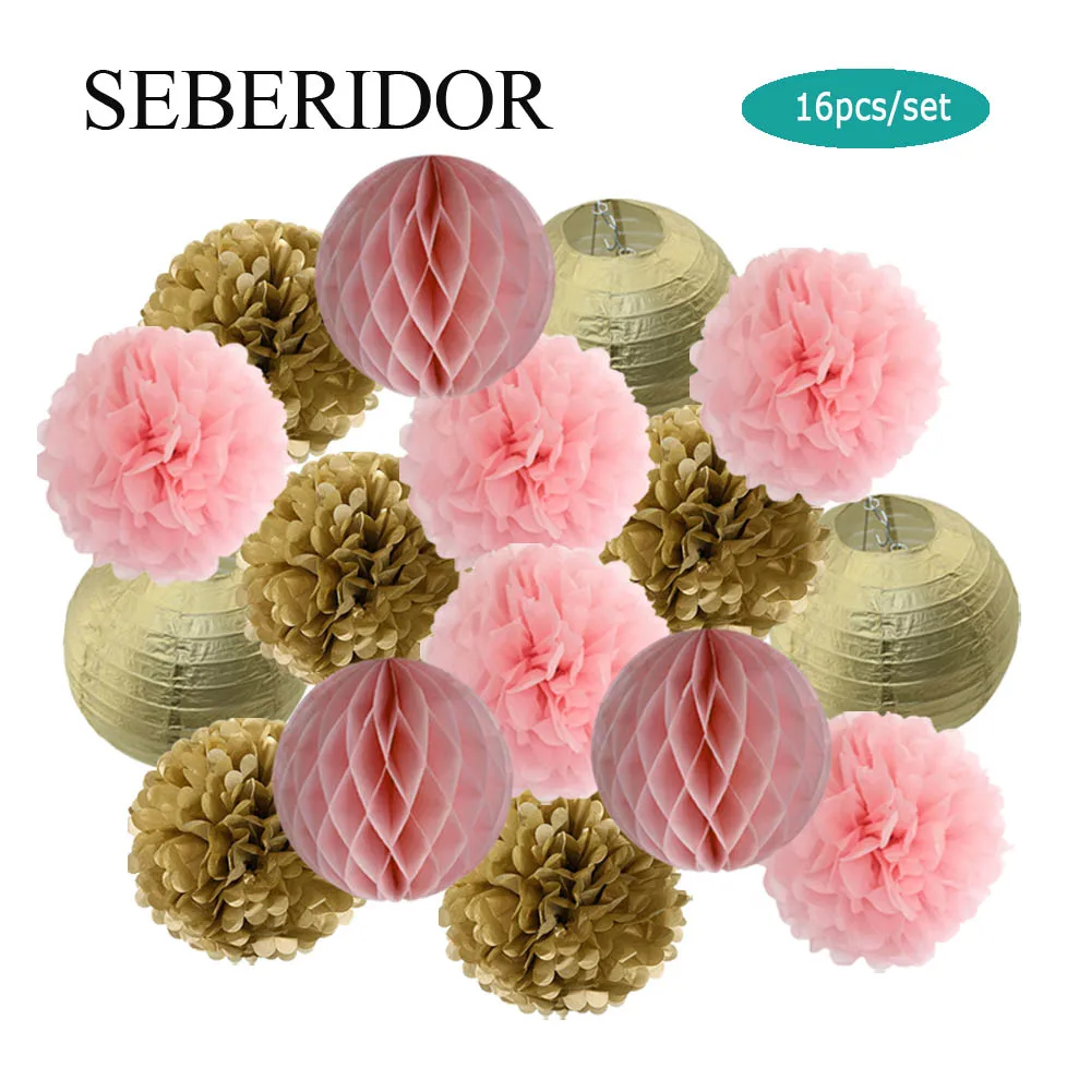 Набор золотистых и розовых круглых бумажных шариков-фонариков сделай сам помпон