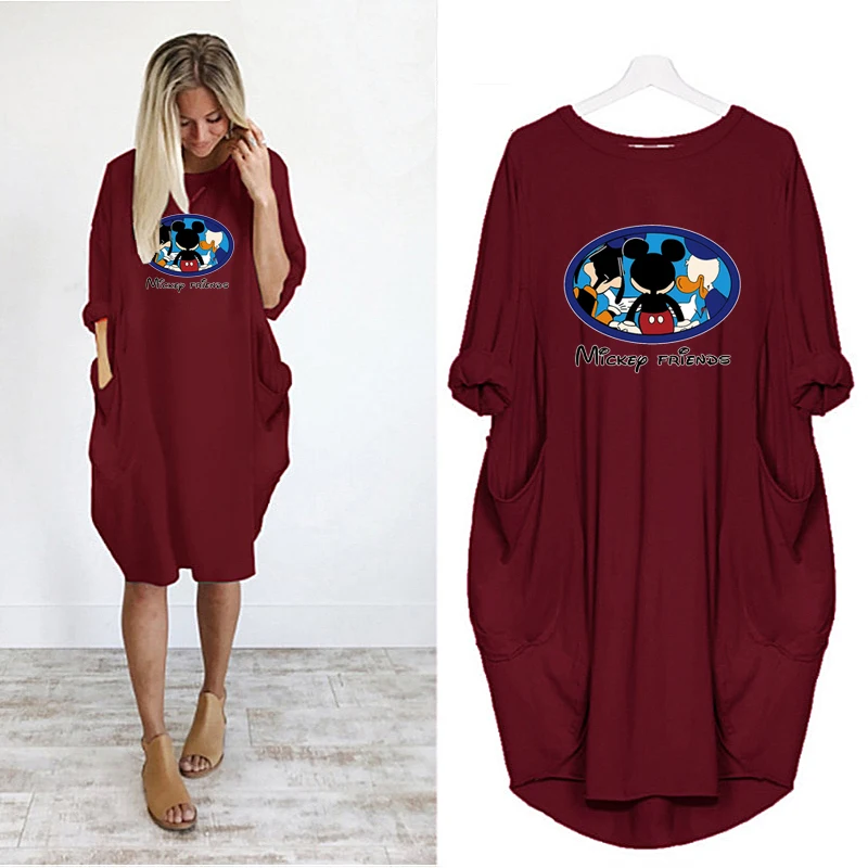 

Mickey Disney Loose Dresses for Women Friends Print Beach Party Midi Dress Oversize Vestidos Autumn Vintage Casual Robes Femme