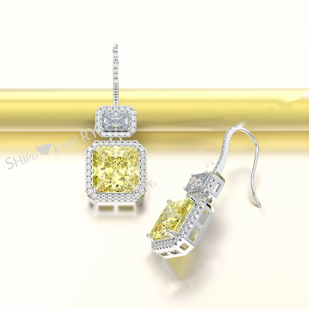 Однотонные желтые квадратные циркониевые серьги-подвески из стерлингового