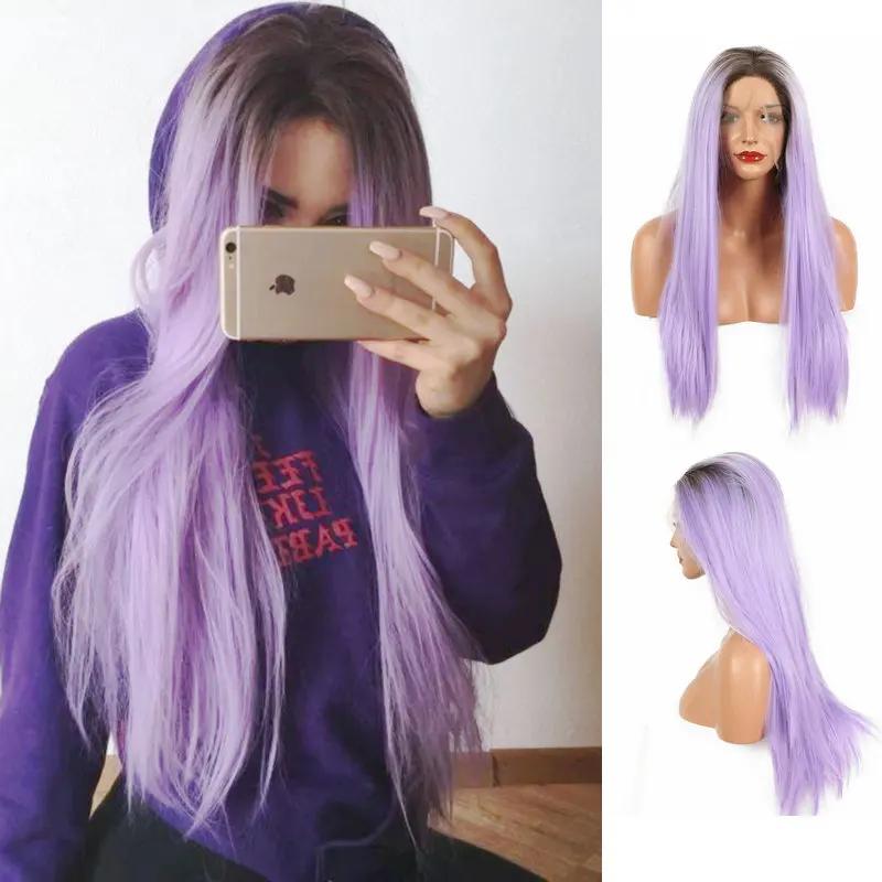 Sylvia Dark Roots Blend Lilac Purple Wig Glueless Synthetic Lace Front Wigs for Women Party/Drag Queen Heat Resistant Fiber