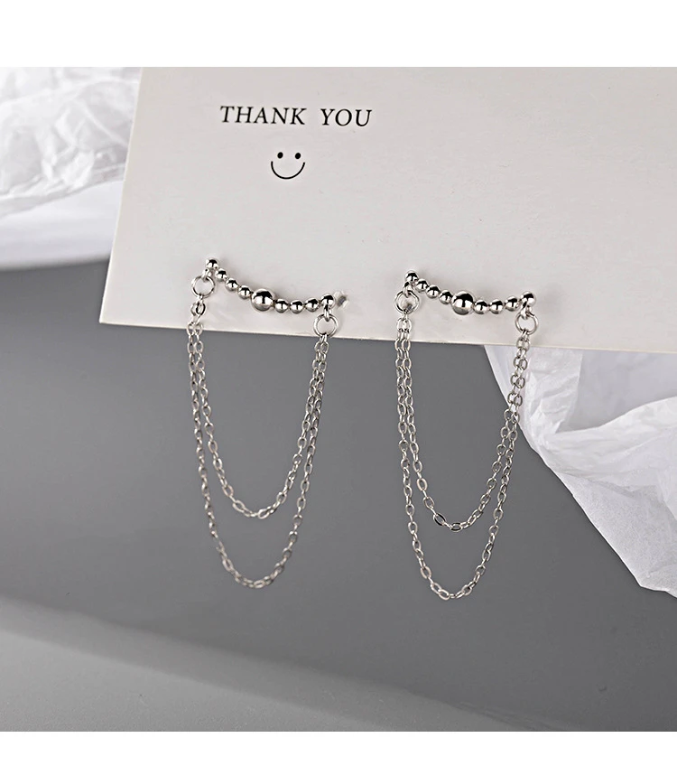 New 925 Sterling Silver Earring Fashion Smile Double Layer Chain Stud Wild Simple Temperament Trend Female Girl Ear Jewe | Украшения и
