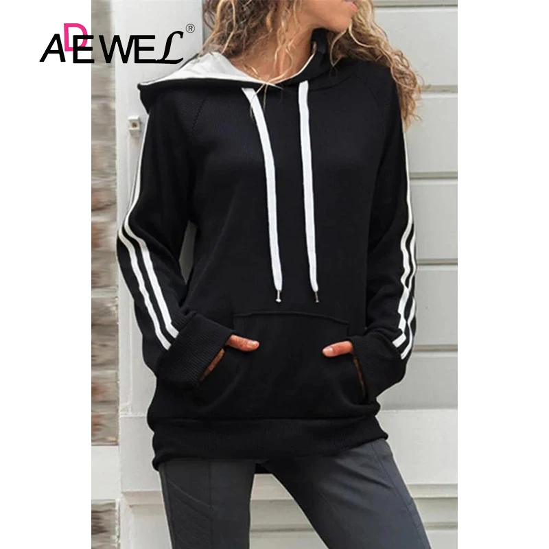 

ADEWEL Harajuku Black Basic Cotton Women Hoodie With Kangaroo Pocket Striped Sleeves Plus Size Hoodies Abrigo Mujer Con Capucha