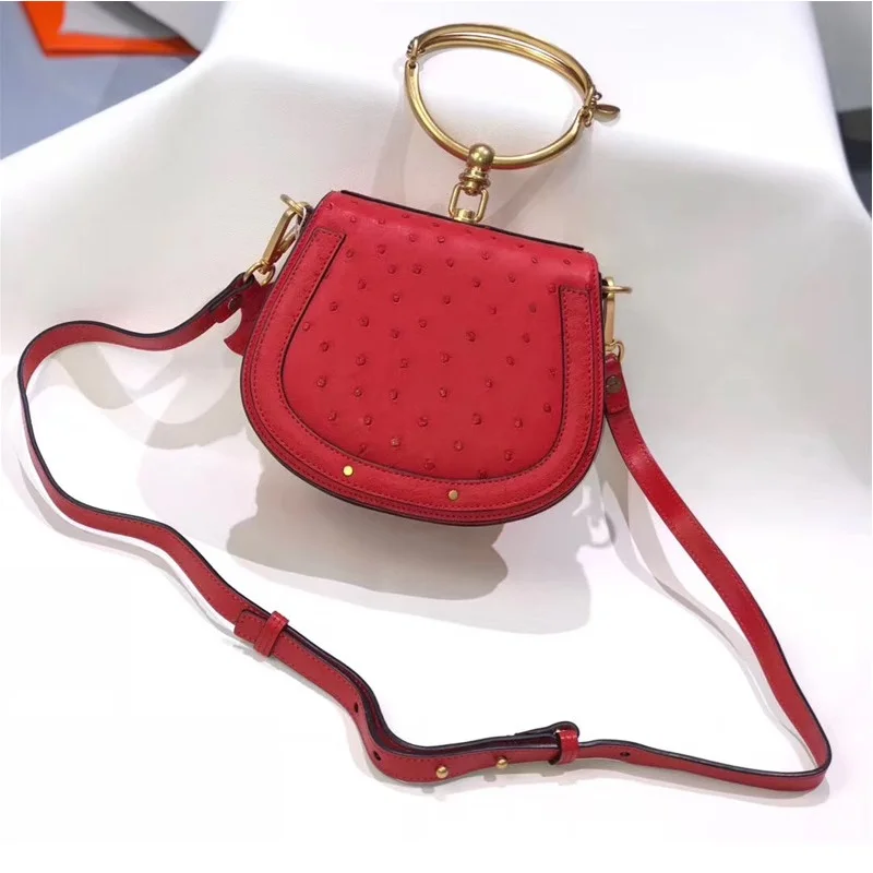 Authentic Ostrich Skin Women's Mini Gray Color Handbag Bracelet Handle Lady Saddle Purse Genuine Leather Cross Shoulder Bag | Багаж и