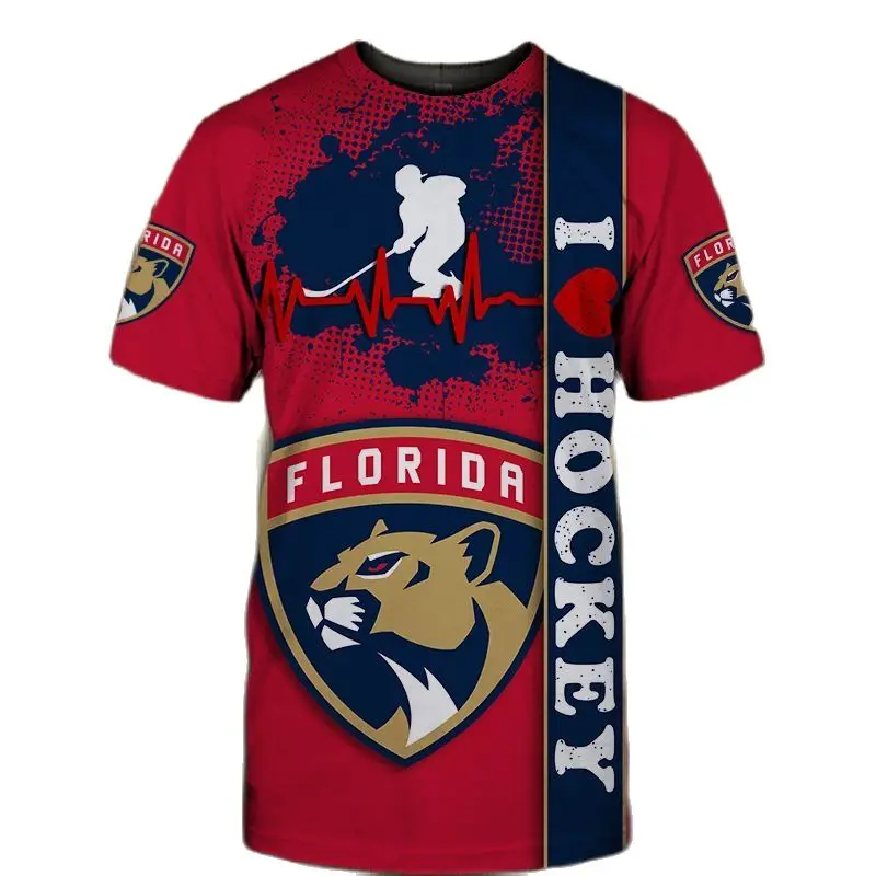 

Summer casual tops Florida men's fashion casual sports T-shirt blue yellow stitching cartoon lion print leopard print T-shirt