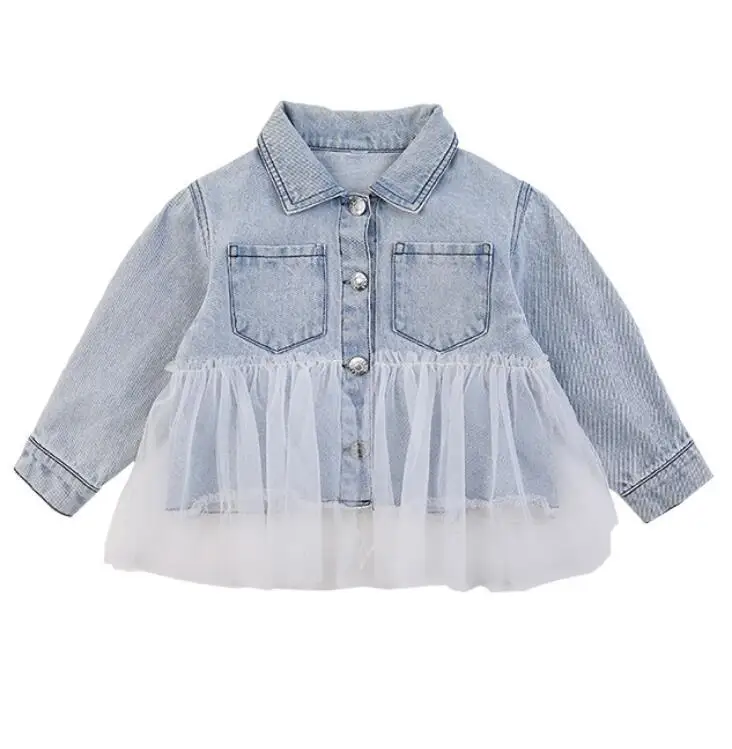 

New Girls Denim Jacket Cardigan Coat Lace Kids Jean Outwear Long Sleeve Children Lace Clothing Autumn Winter Girls Clothes 1-6Y
