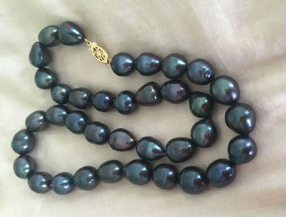 

10-11mm baroque tahitian black green pearl necklace 18 inches 14K