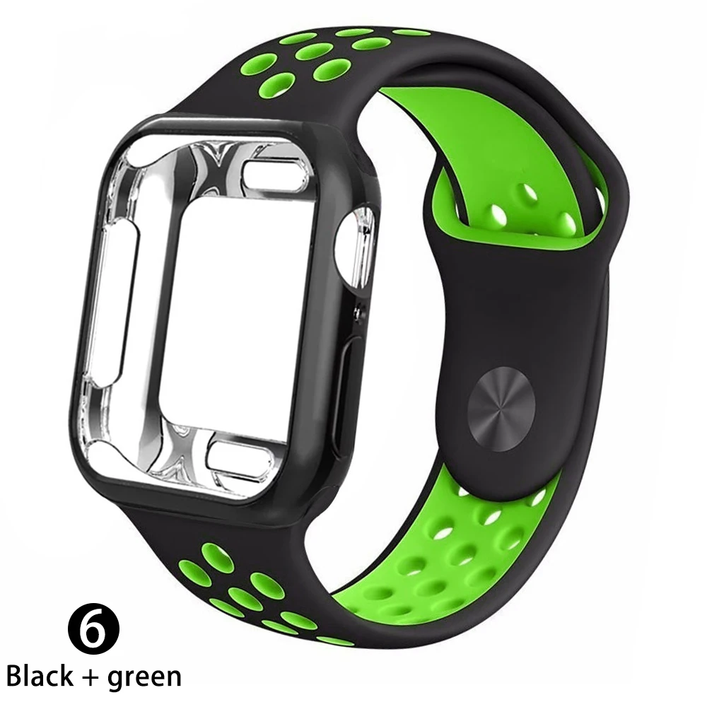 Чехол+ ремешок для apple Watch 5 ремешок 42 мм 38 мм 40 мм 44 мм спортивный силиконовый браслет для apple iwatch series 5 4 3 2 1 Аксессуары - Цвет ремешка: Black    green