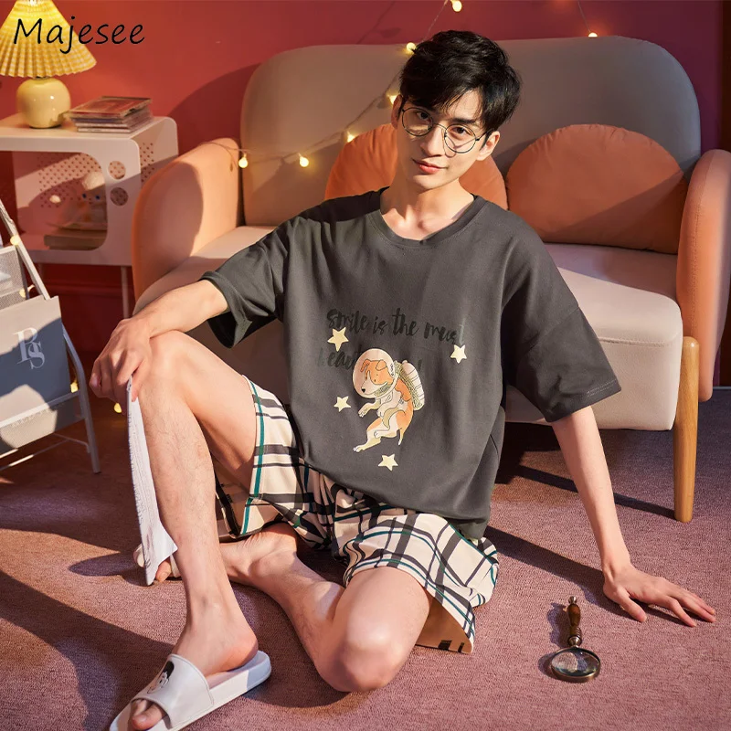 

Large Size Pajama Sets Men L-3XL Cozy Printed Students Short Sleeve Tops Trendy Shorts Sleepwear Loose Males Lounge High Quality