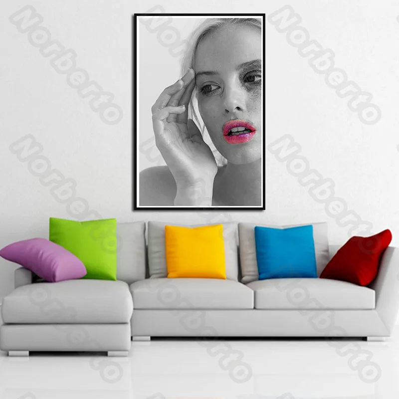 

Modern Abstract Canvas Painting and Posters Wall European Beauty with a Pink Lip an Abstract Artwork for Living Room Decoration