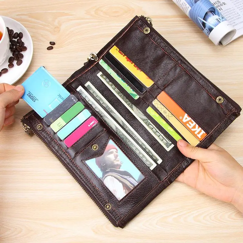 

Double Zipper Wallets Men Dollar Price Male Cluth High Quality Oil Wax Genuine Leather Wallet Card Holder Long Purse Handy Bag