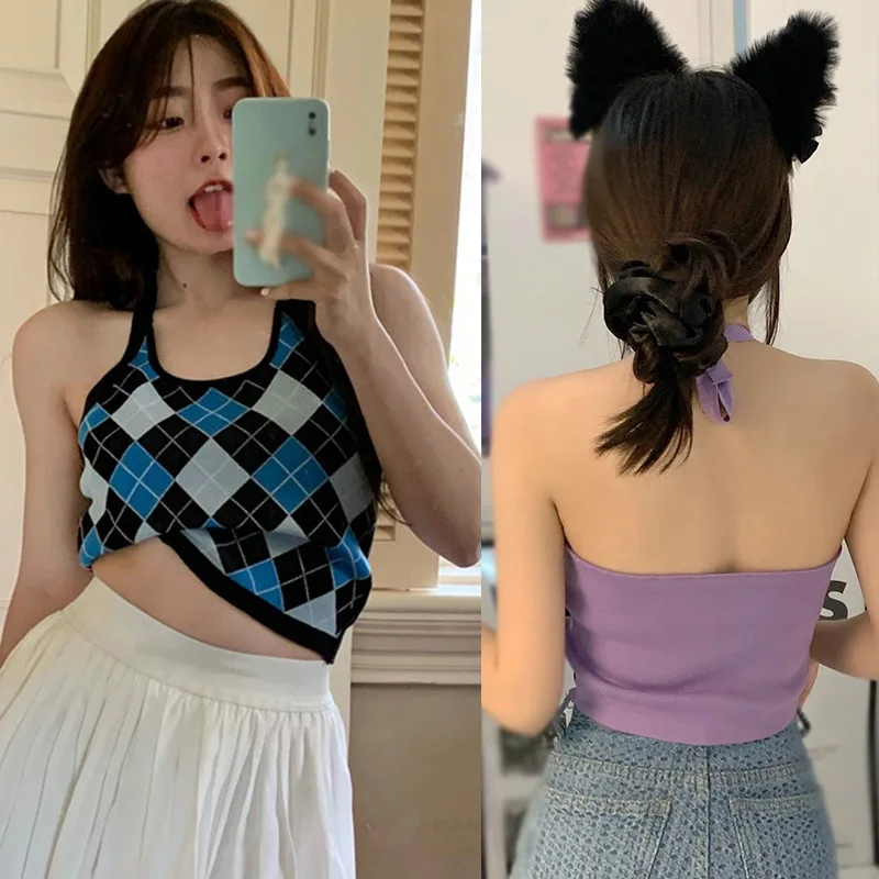 

Jlong Women Plaid Halter Camisole Summer Fashion Slim Knitted Tank Top for Ladies