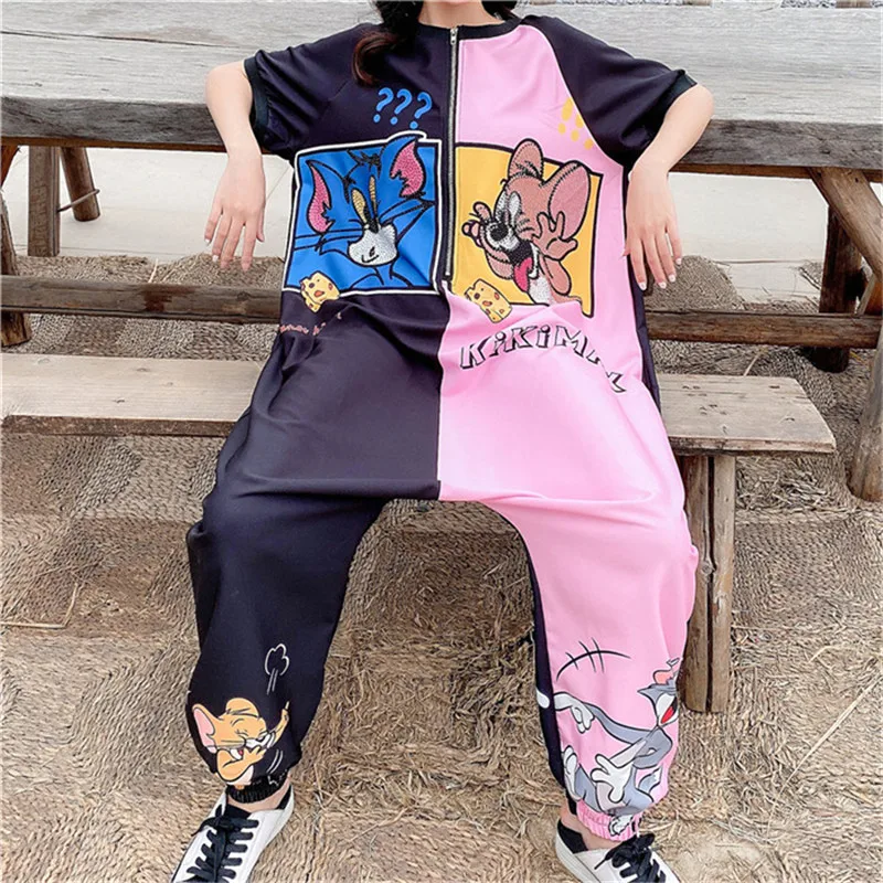 thailand tide brand hot drilling cartoon print thin denim jumpsuit summer short sleeve casual overalls jeans women free global shipping