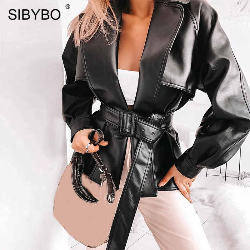 SIBYBO гранж стиль пояса зимняя куртка для женщин с длинным рукавом из искусственной кожи женские пальто и куртки осенние черные повседневные женские топы