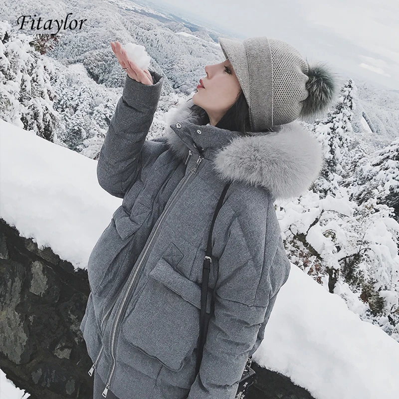 Fitaylor Женская парка на белом утином пуху с воротником из натурального Лисьего