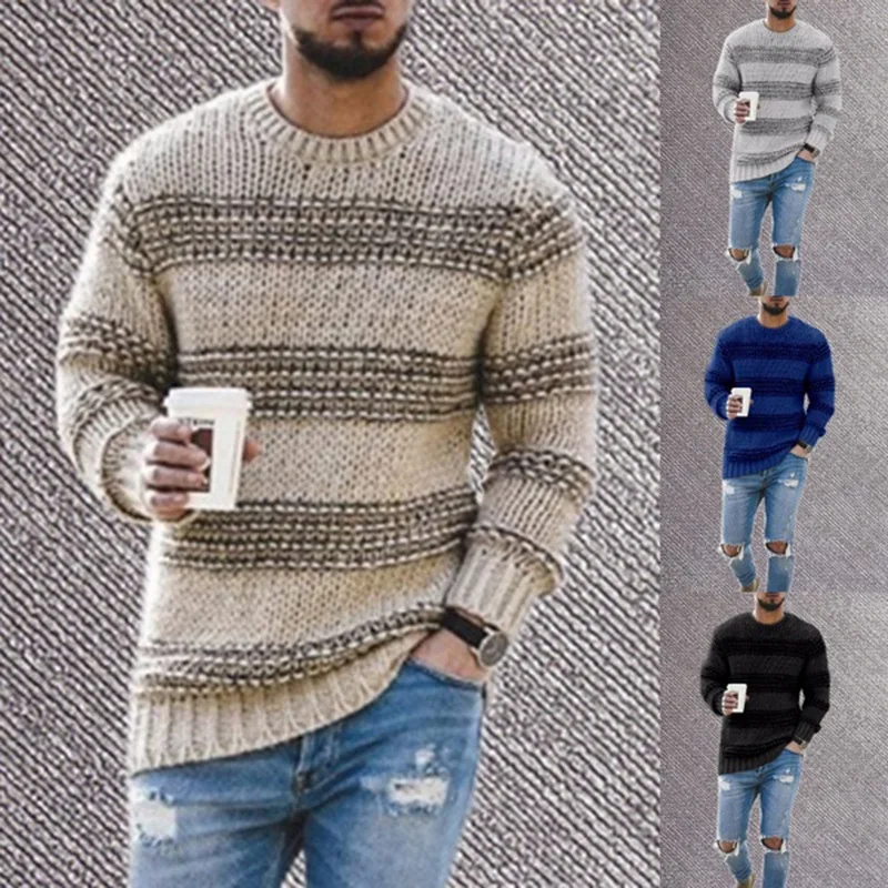 

Knit sweater 2021 men's pullover sweater autumn and winter knitted top striped casual men's clothing