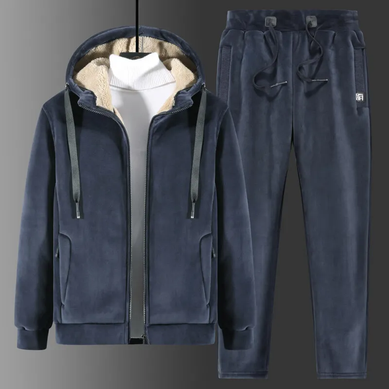 

Men's Silver Fox Coat Winter Fleece Hooded Tracksuit Men Thick Sweatshirt Warm Men's Sportswear Suit Set Two-piece Casual Sets