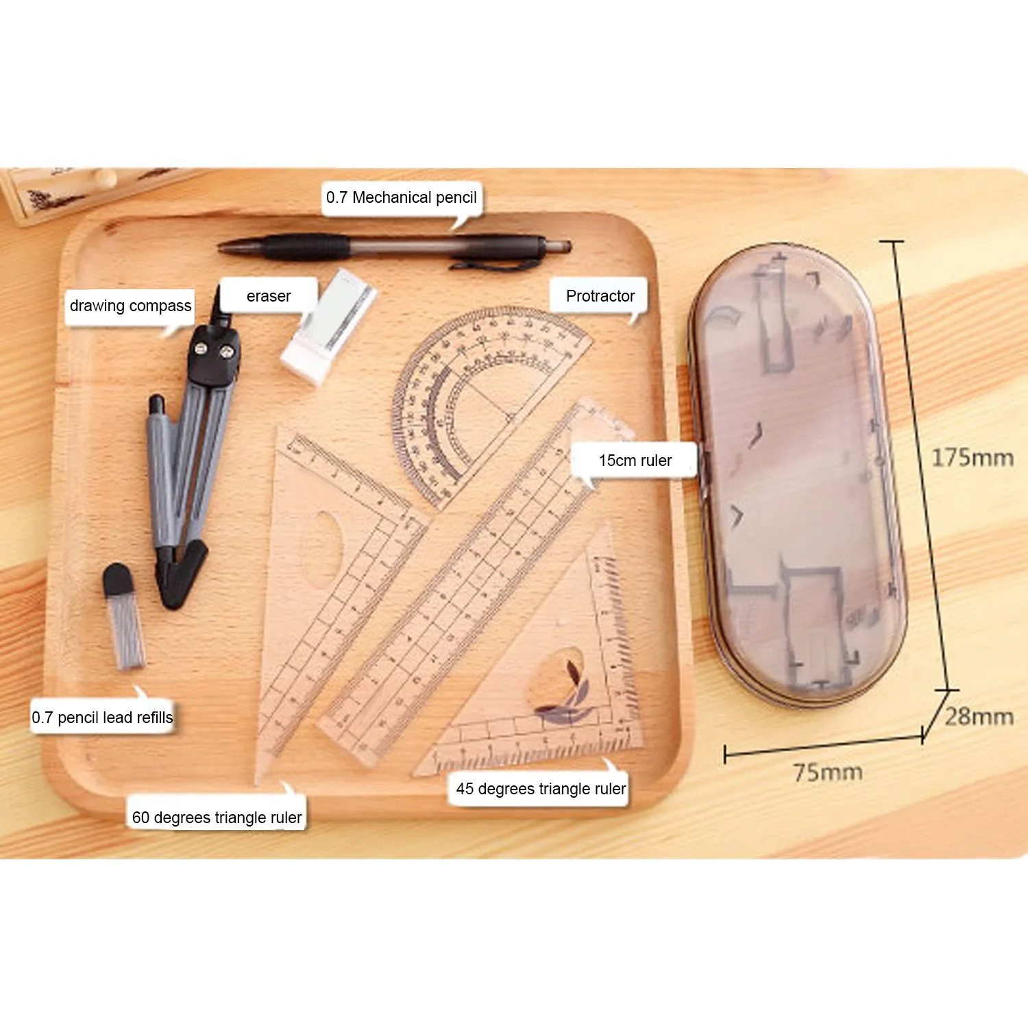 

8Pcs Portable School Math Geometry Set Protractor Drawing Compass Ruler Pencil Essentials Math Study Tool Kit with Storage Box