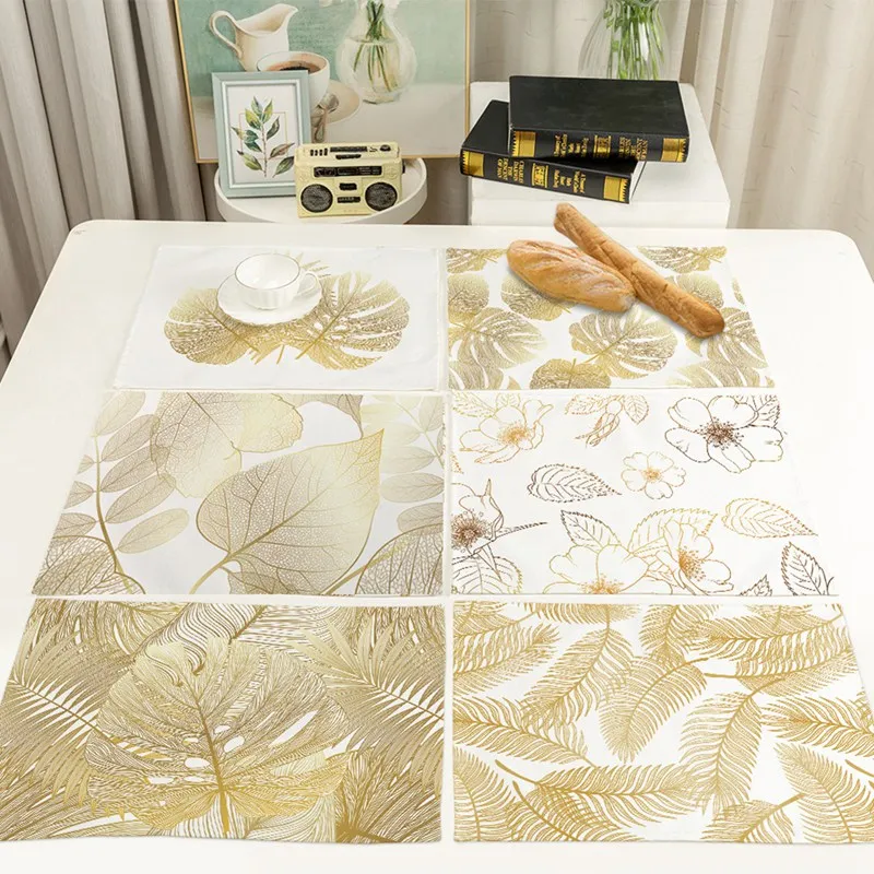 Dinner Placemat Waterproof Table Mat Hand Painted Gold Leaves Printed For Tables Heat-insulation Linen Kitchen Dining Pads