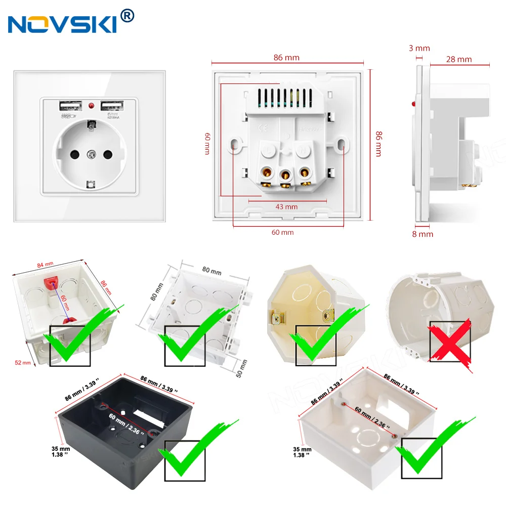 NOVSKI DIY Hybrid Schuko F Wall Socket Multi Frame USB Outlet Crystal Glass Black Panel Grounded Data | Обустройство дома