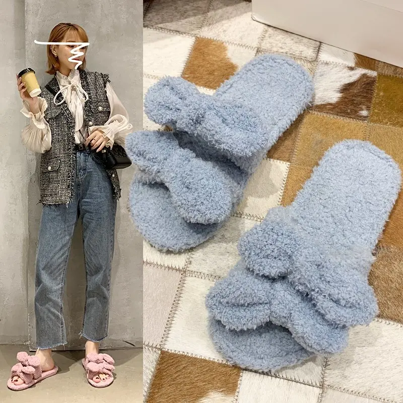 

Fashion Winter Slippers Butterfly Knot Warm Slippers Women Shoes Woman Slip on Flip Flops Fur Slippers Female Slides Plus Size