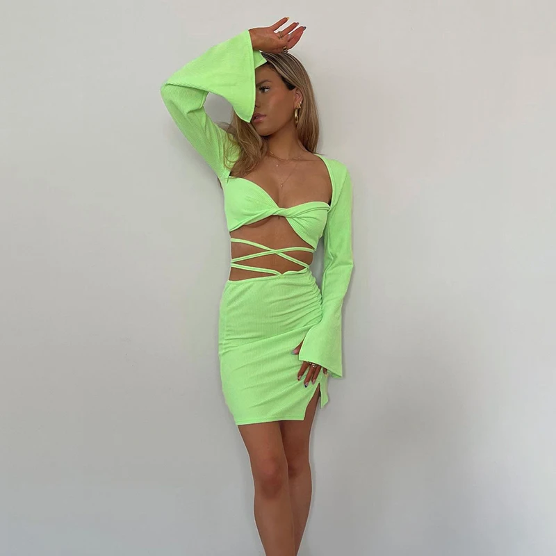 

Y-L Solid Knitted Mini Skirt For Women Two Piece Set Sexy Wrap Chest Split Long Sleeve Top+Bandage Shirring Side Slit Skirt