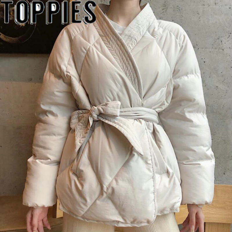 2019 зимнее женское пальто на хлопковой подкладке с поясом кремово-белое теплые